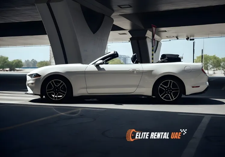 Ford Mustang Convertible White driving in Dubai available for hire across the UAE