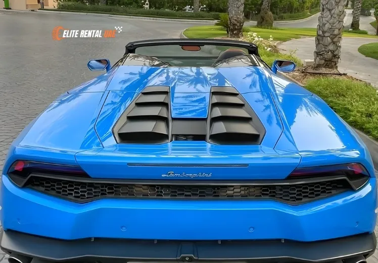 Lamborghini Huracan Blue driving in Dubai available for hire all over the UAE