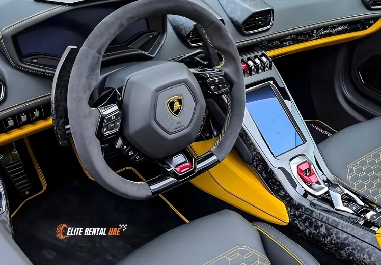 Lamborghini Huracan Yellow Convertible interior available for rental in Dubai and all over the UAE