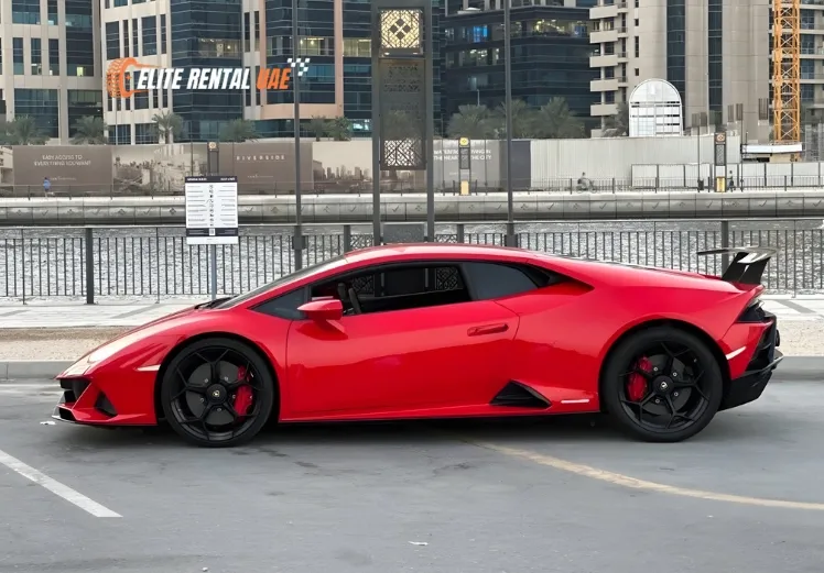 Lamborghini Huracan EVO Red side profile available for hire in Dubai and all over the UAE