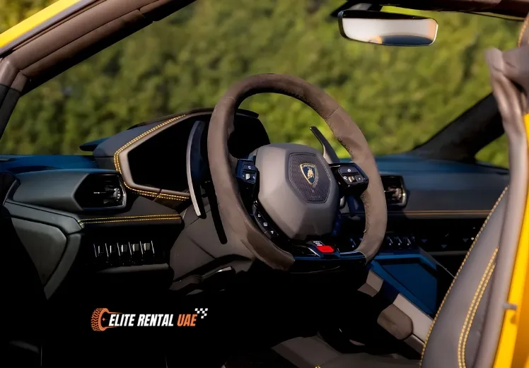 Lamborghini Huracan EVO Spyder interior luxury convertible rental in Dubai and all over the UAE