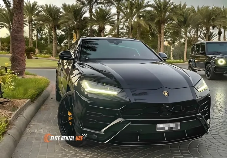 Lamborghini Urus Black driving in Dubai available for hire all over the UAE