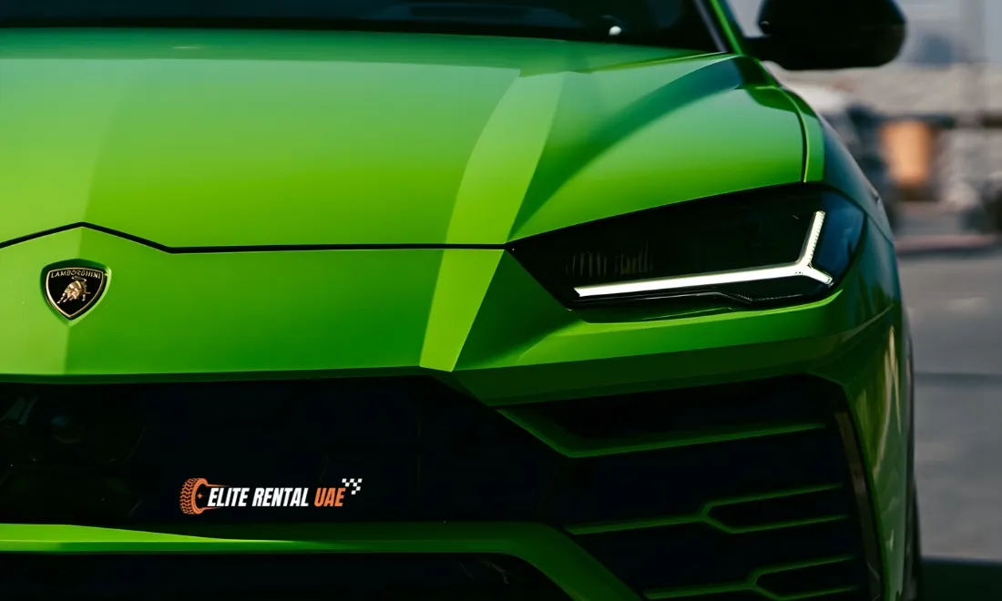 Lamborghini Urus Green driving in Dubai available for hire all over the UAE