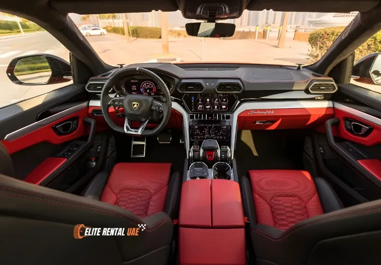 Lamborghini Urus Red exterior view available for hire in Dubai and all over the UAE