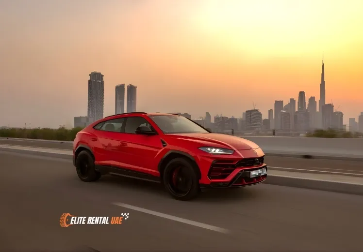 Lamborghini Urus Red driving in Dubai available for hire all over the UAE