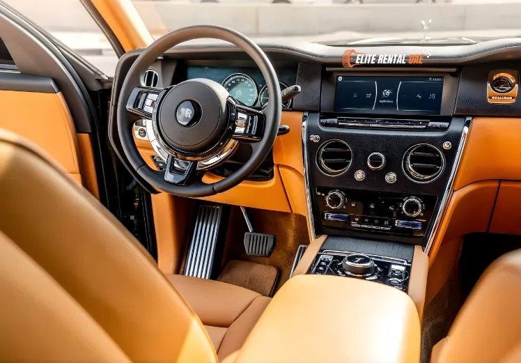 Rolls Royce Cullinan Black interior featuring handcrafted comfort for rental