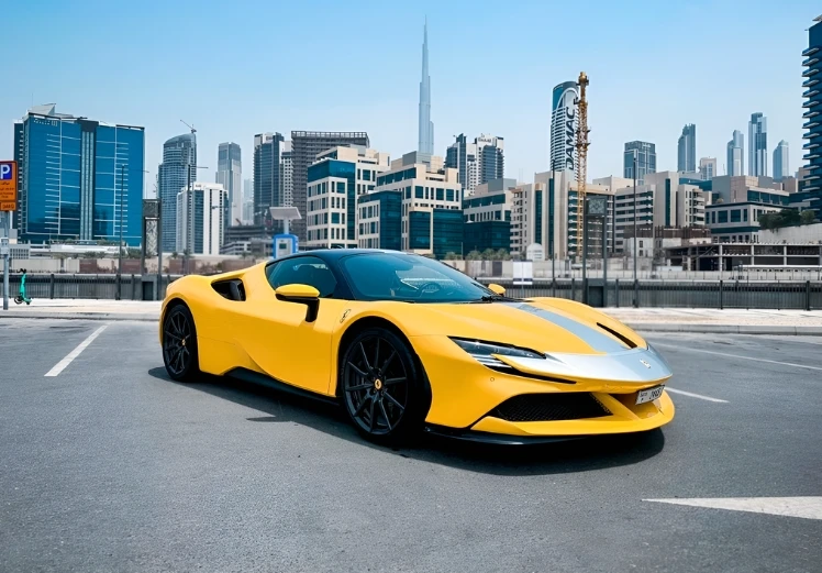 Ferrari SF90 Stradale right front angle high performance sports car rental in Dubai UAE