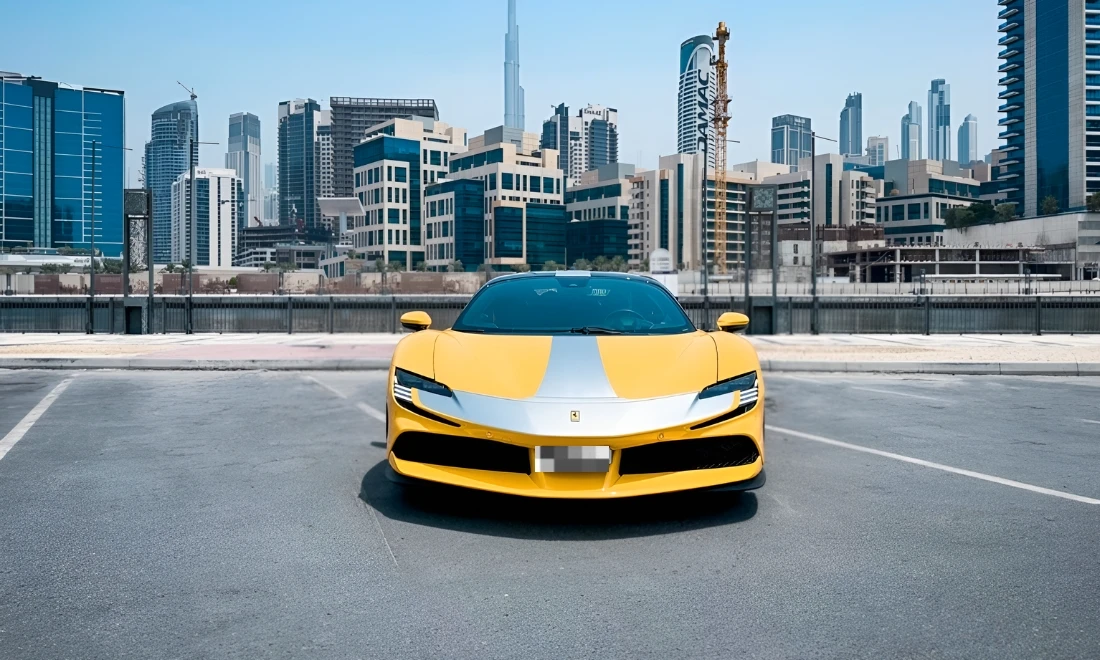 Ferrari SF90 Stradale front view hybrid luxury supercar rental in Dubai UAE