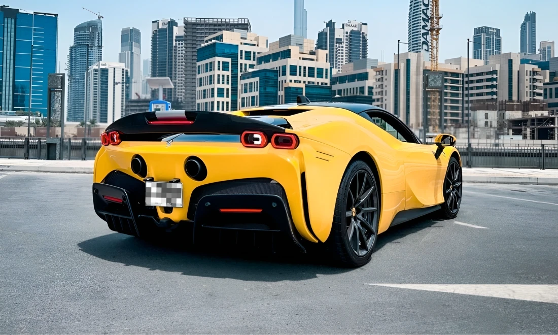 Ferrari SF90 Stradale rear view premium hybrid supercar available for rent in Dubai UAE