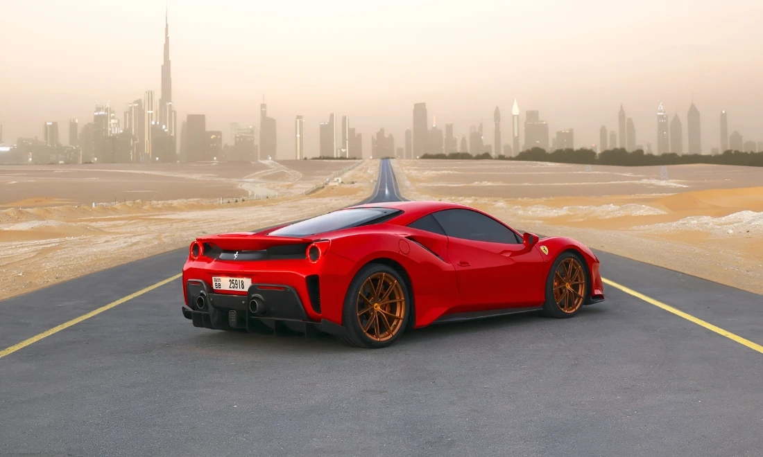 Ferrari 488 Pista right rear side angle exotic sports car available for rent in Dubai UAE