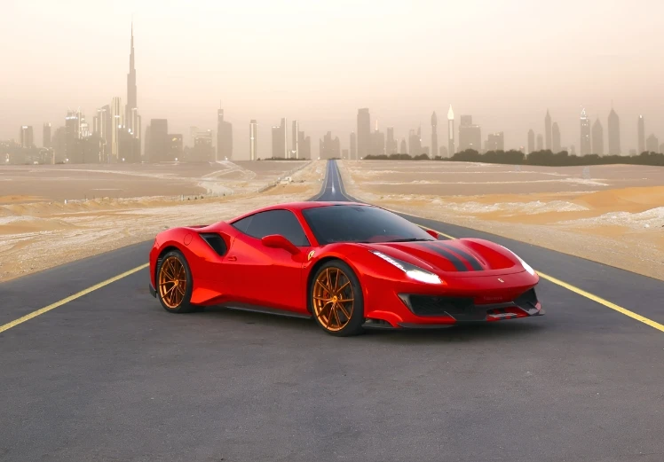Ferrari 488 Pista left front side angle luxury red supercar rental in Dubai UAE