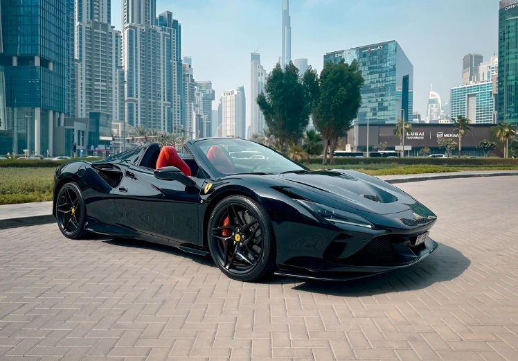 Red Ferrari F8 Tributo Spider front view luxury convertible supercar rental in Dubai UAE
